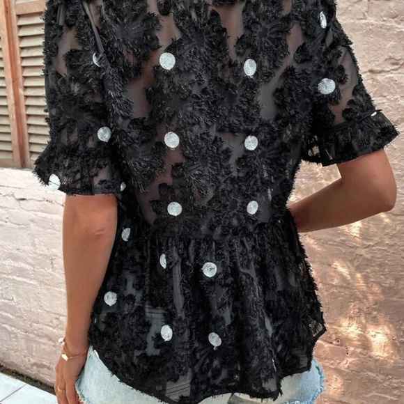 ELLY FUZZI BLACK AND WHITE PEPLUM BLOUSE - Picture 3 of 3